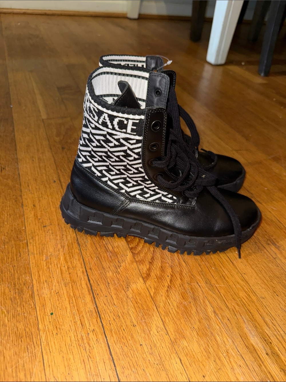 Versace Black Kids Combat Boots with Logo Knit Lining - Picture 3 of 3